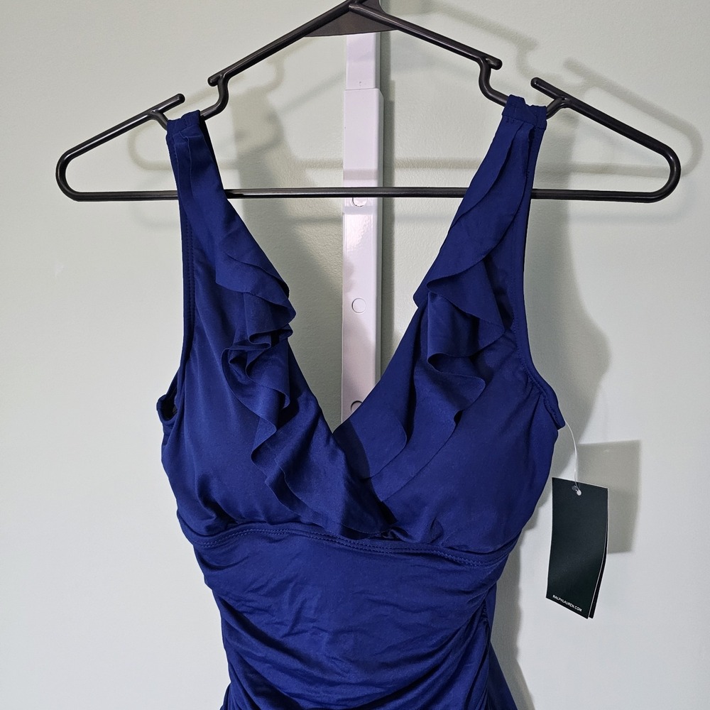 Lauren Ralph Lauren Beach Club Solid Ruffle Surplice One-Piece Size 4 Indigo - Picture 3 of 12